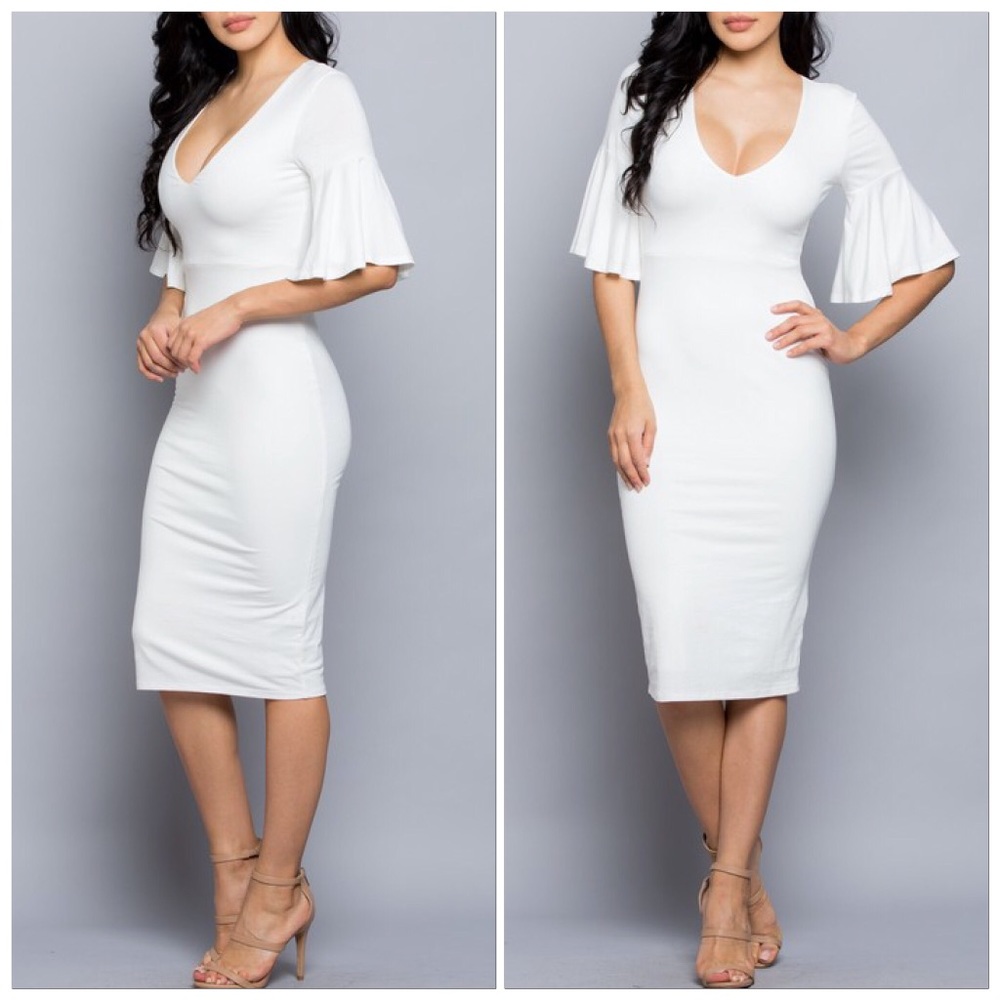🆕White V-neck Flutter Sleeve Fitted Midi Dress